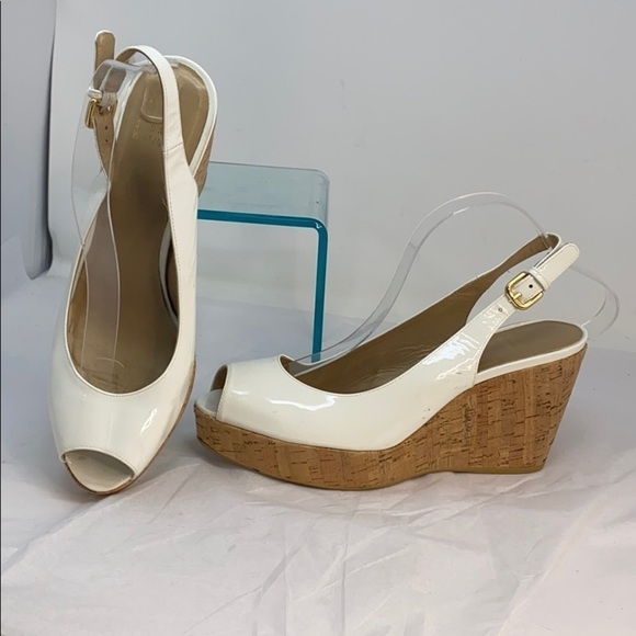 Stuart Weitzman Sz 9.5 Cork Wedge White Slingback - Picture 2 of 8